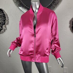 EXPRESS~SZ L~BRIGHT PINK SATIN LIKE FULL ZIP RUCHED SLEEVE BOMBER JACKET COAT